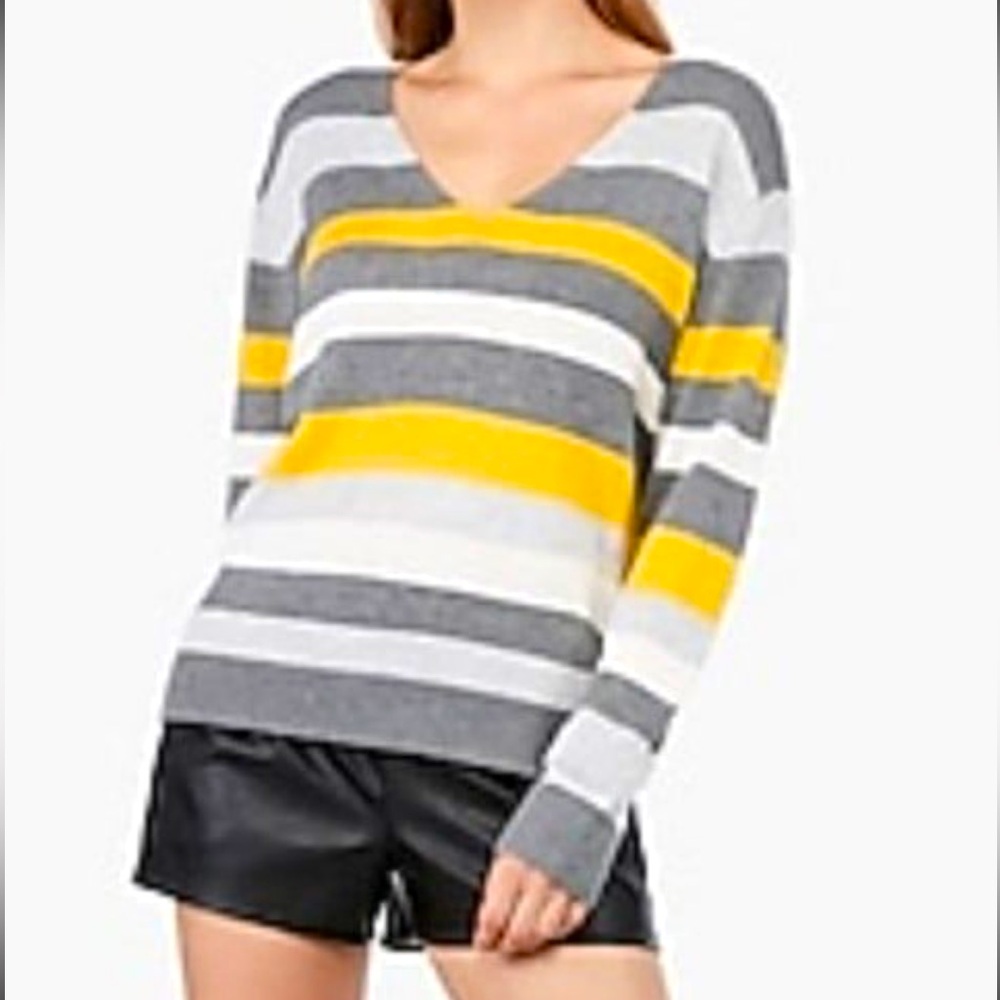 V Neck Grey and Yellow Striped Super Soft Knit Sweater NWT Small